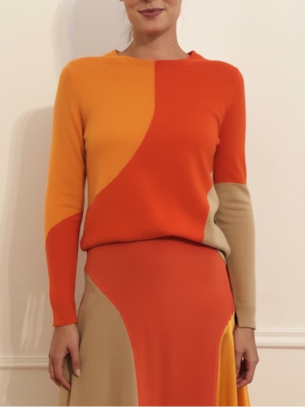 Chinti & Parker Crew Neck Cashmere Wool Colorblock Sweater Orange Red S